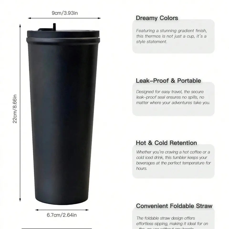 Stainless Steel Insulated Bottle, Leak-Proof with Foldable Straw Lid