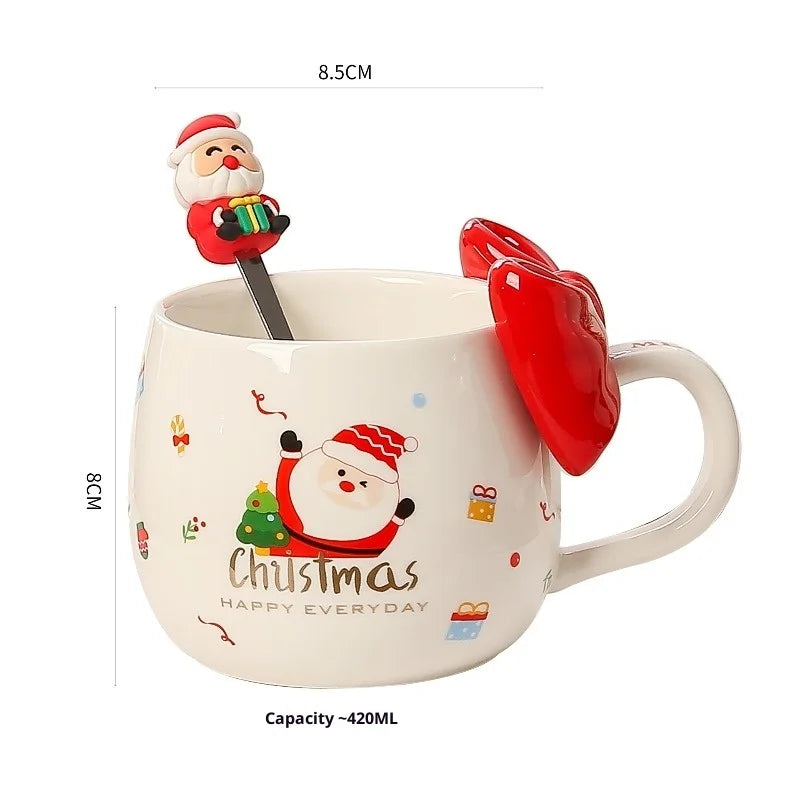 2025 Cute Christmas Ceramic Mug with Bow, Holiday Coffee Cup Gift