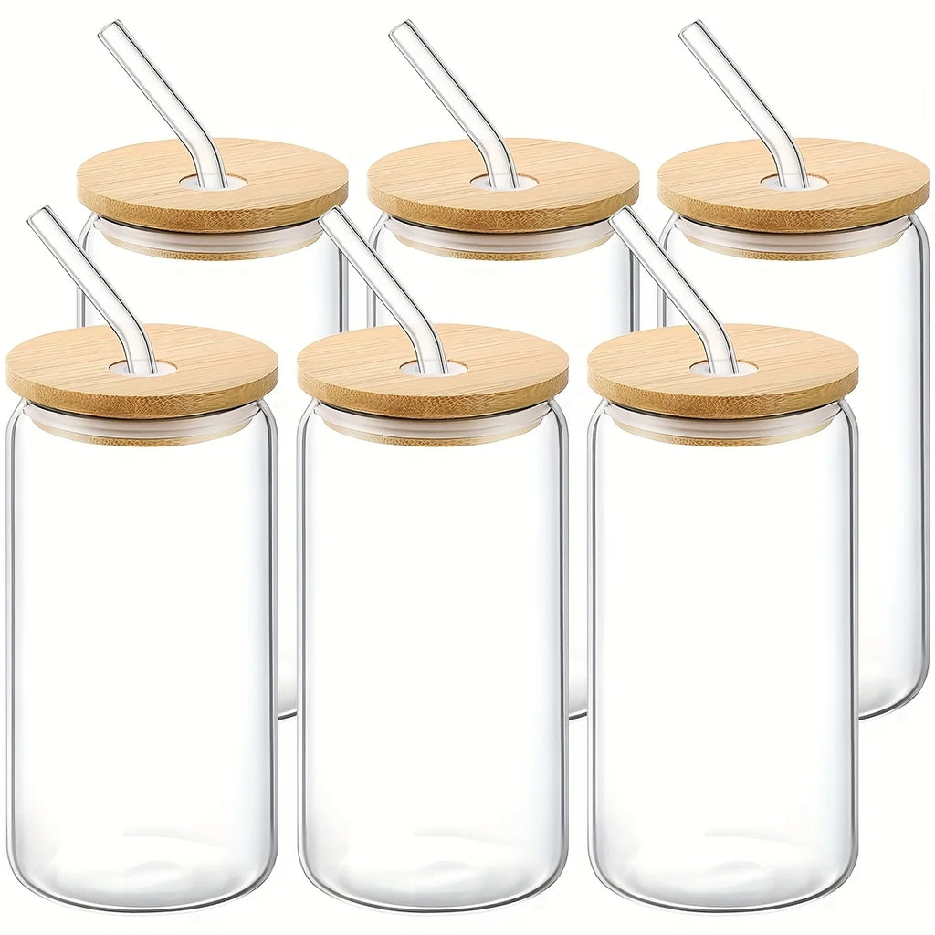 6-Pack 16oz Beer Can Glasses with Bamboo Lids and Straws