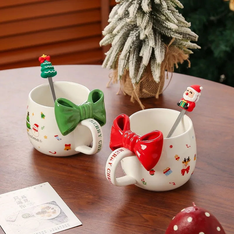 2025 Cute Christmas Ceramic Mug with Bow, Holiday Coffee Cup Gift