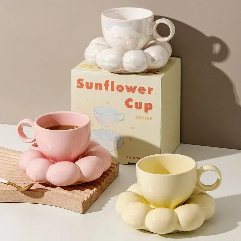 6oz Sunflower Ceramic Mug with Saucer, Aesthetic Cloud Tea Coffee Cup