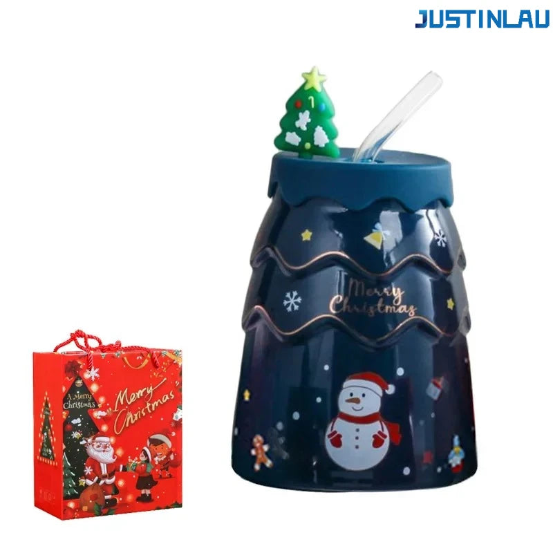 Christmas Ceramic Mug with Lid and Straw, Santa Snowman Tree Design