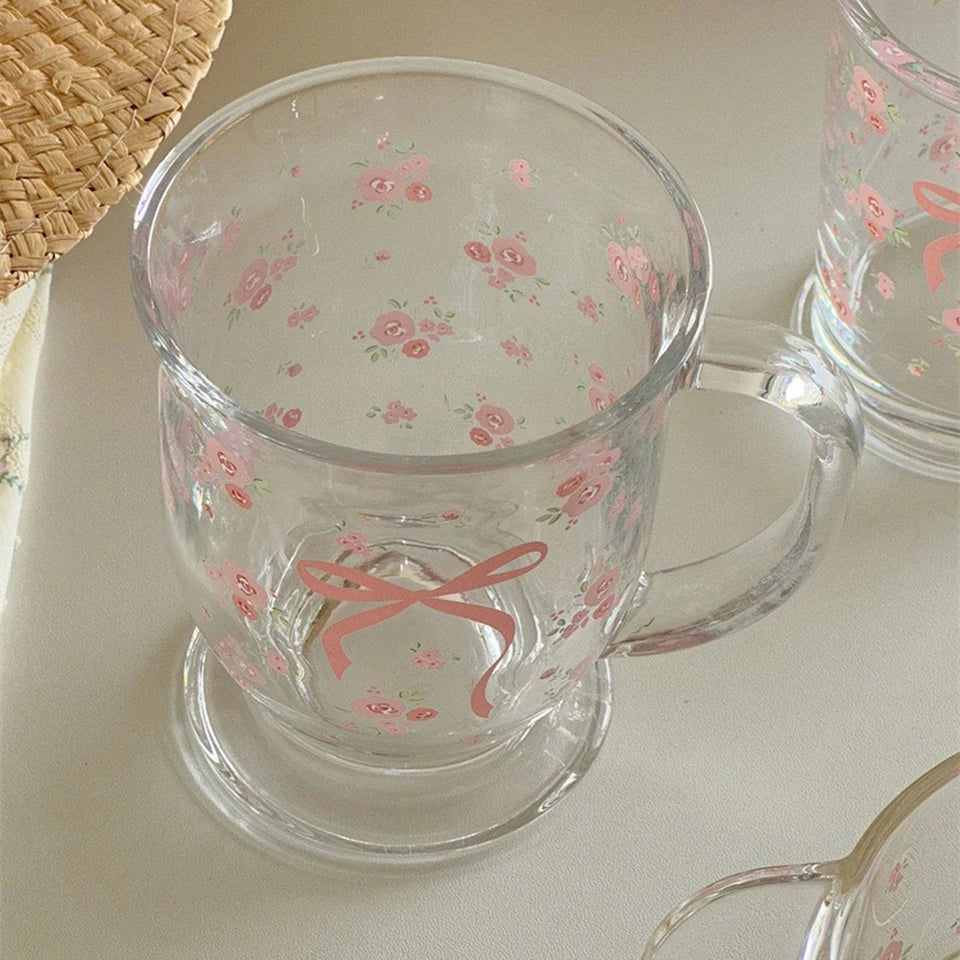 450ml Clear Glass Cup with Handle Bowknot Design for Coffee, Milk, Juice, Tea