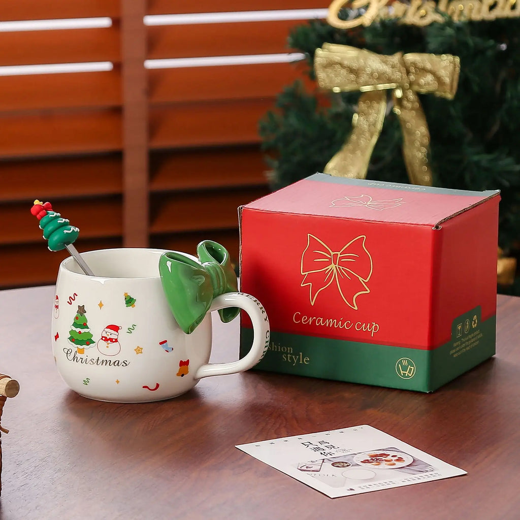 2025 Cute Christmas Ceramic Mug with Bow, Holiday Coffee Cup Gift