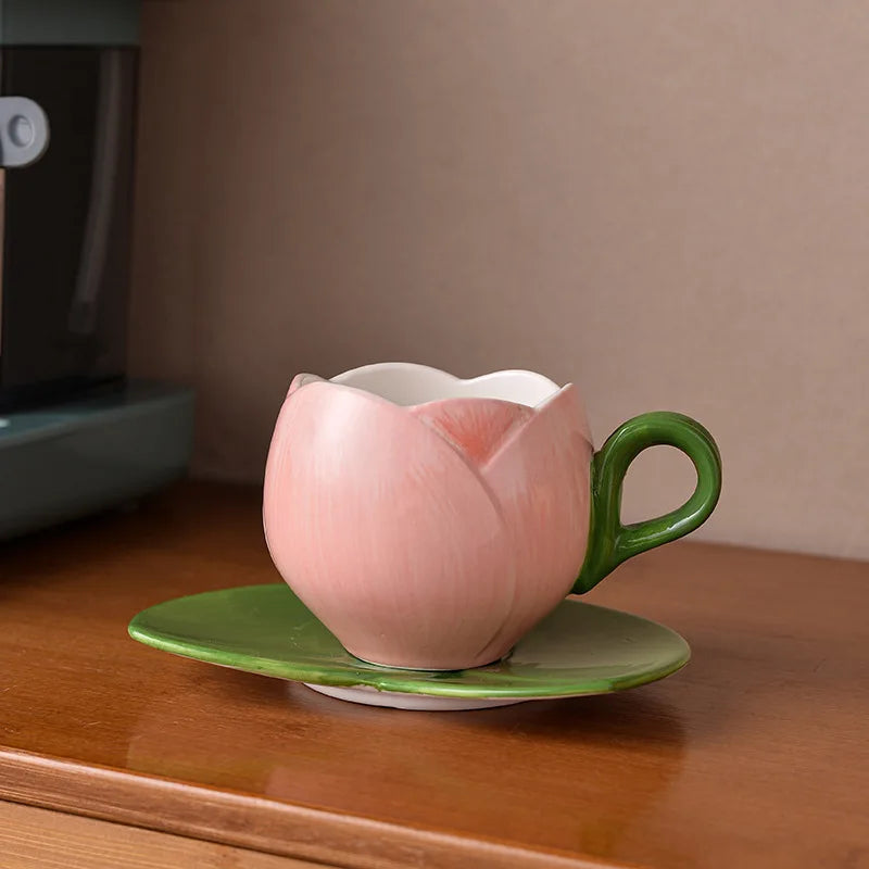 Tulip Flower Porcelain Cup & Saucer, Elegant Afternoon Tea Coffee Set