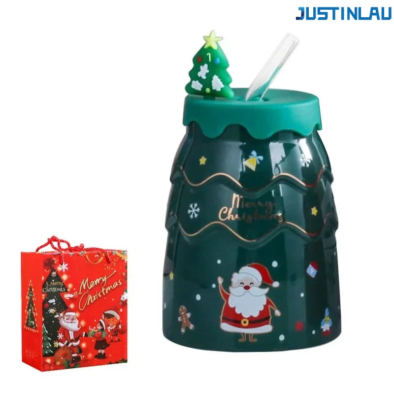Christmas Ceramic Mug with Lid and Straw, Santa Snowman Tree Design