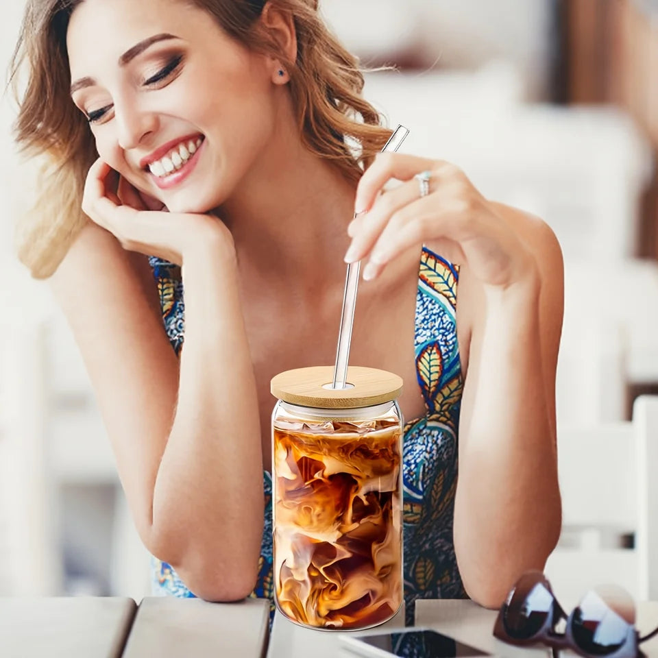 6-Pack 16oz Beer Can Glasses with Bamboo Lids and Straws