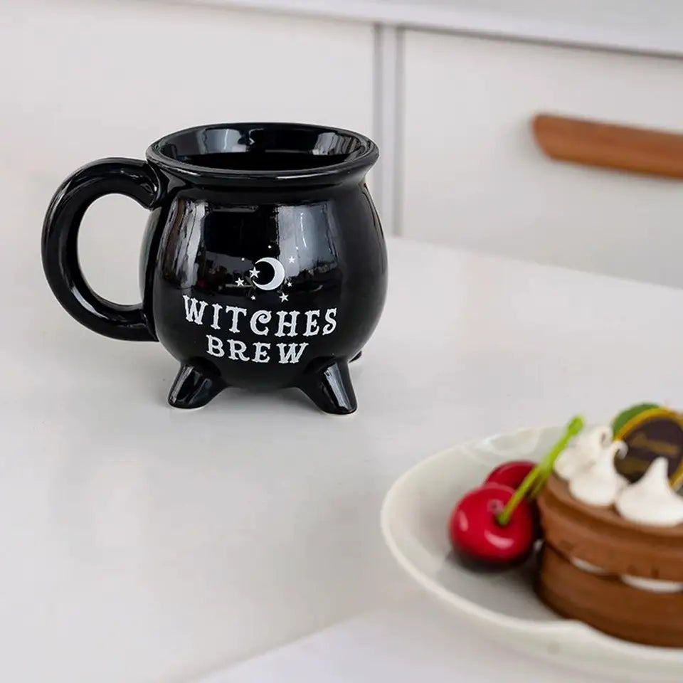 Witches Brew Cauldron Coffee Mug, Black Ceramic Halloween Cup Decoration