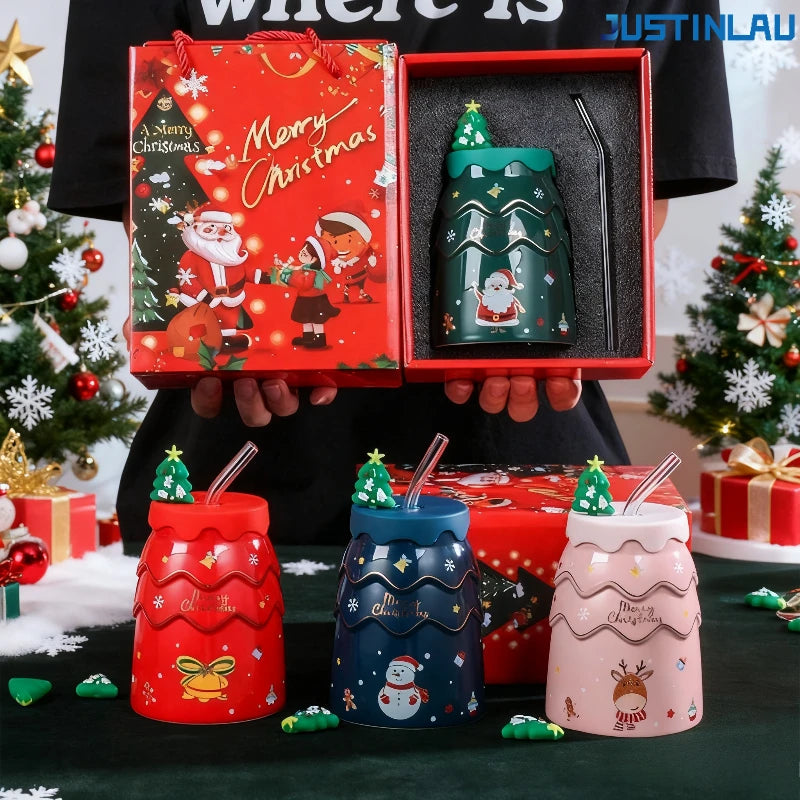 Christmas Ceramic Mug with Lid and Straw, Santa Snowman Tree Design