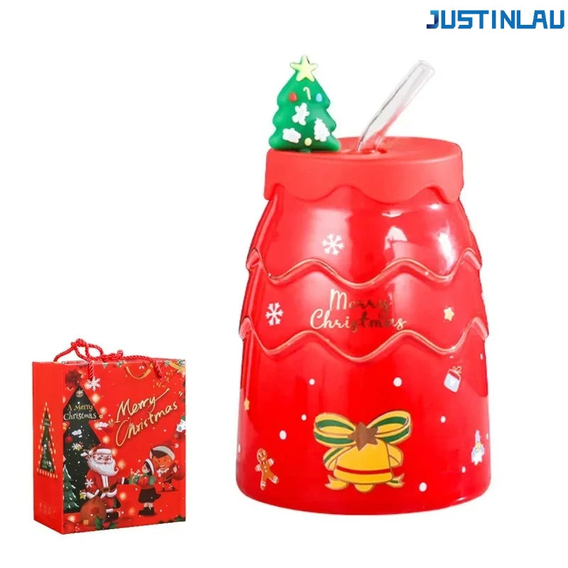 Christmas Ceramic Mug with Lid and Straw, Santa Snowman Tree Design