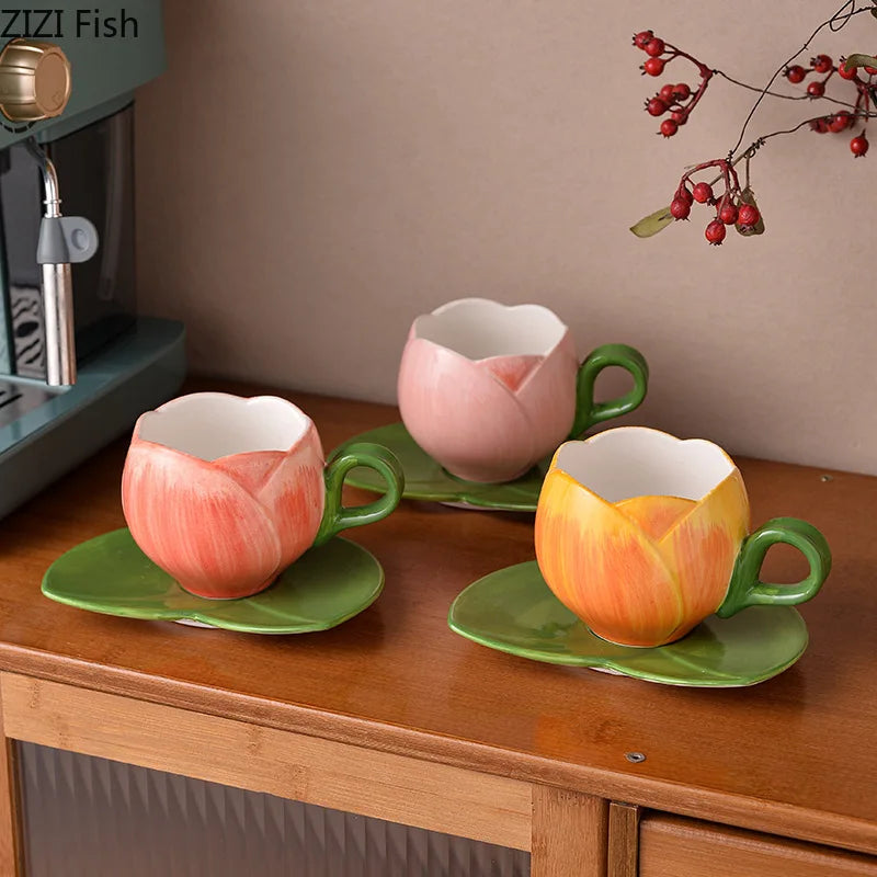 Tulip Flower Porcelain Cup & Saucer, Elegant Afternoon Tea Coffee Set