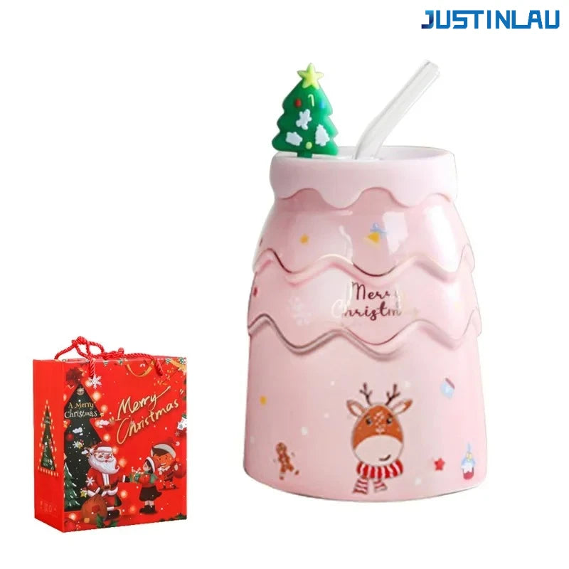 Christmas Ceramic Mug with Lid and Straw, Santa Snowman Tree Design