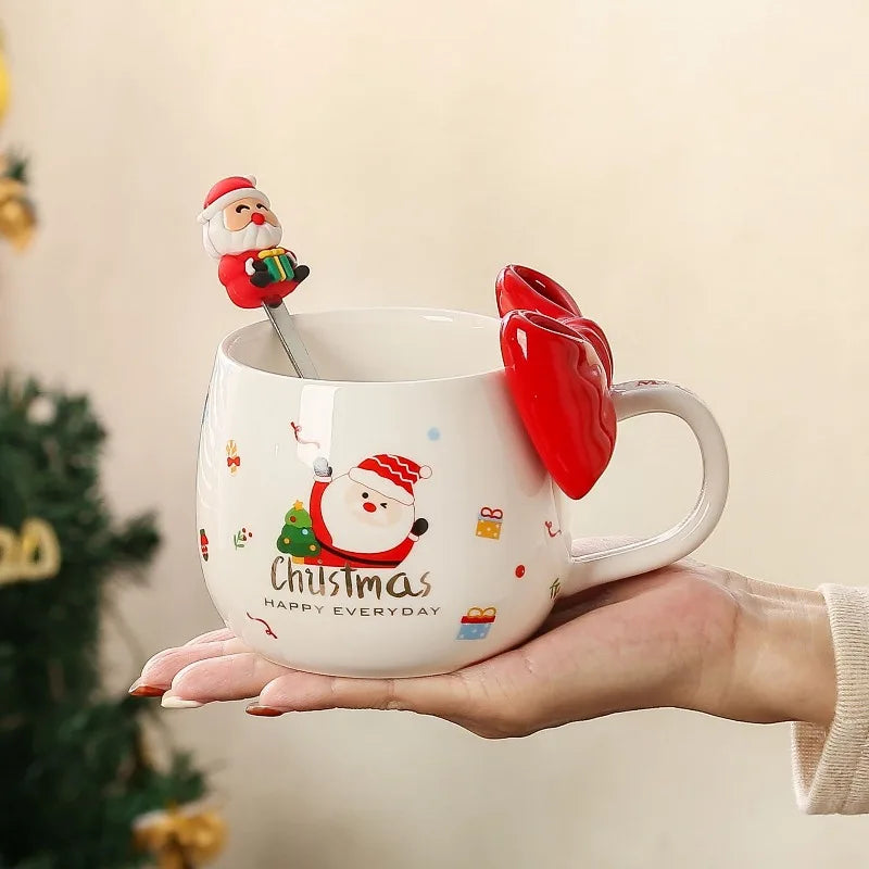 2025 Cute Christmas Ceramic Mug with Bow, Holiday Coffee Cup Gift