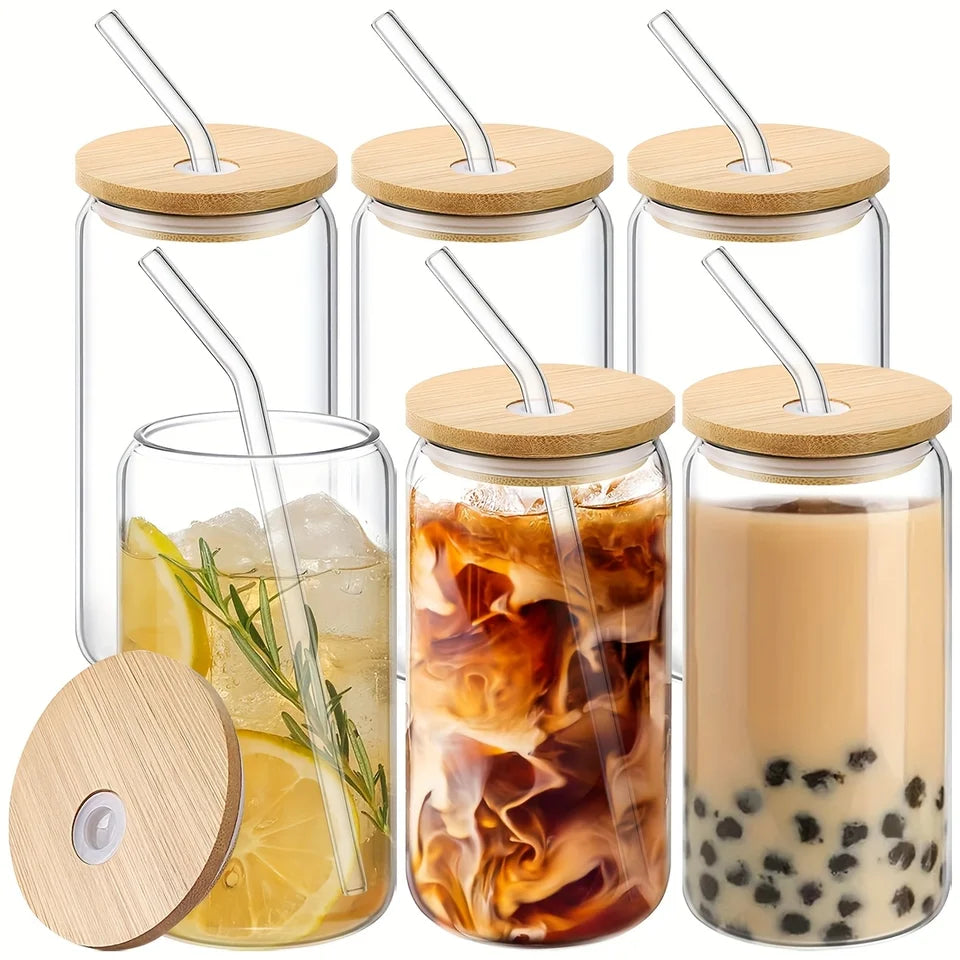6-Pack 16oz Beer Can Glasses with Bamboo Lids and Straws