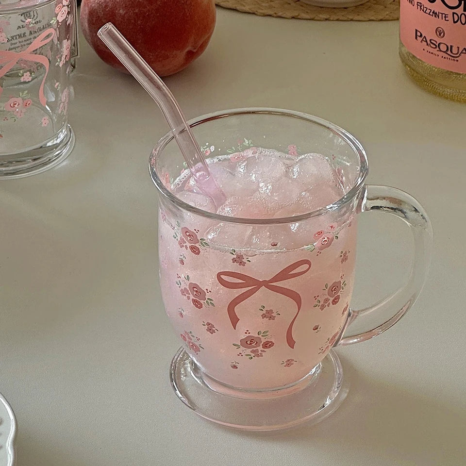 450ml Clear Glass Cup with Handle Bowknot Design for Coffee, Milk, Juice, Tea