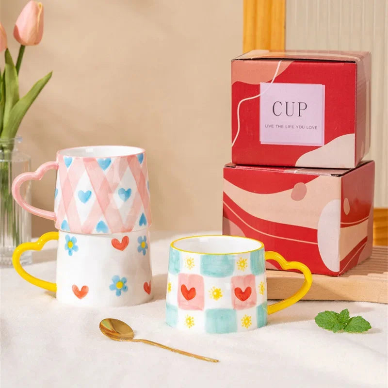 Creative Heart-Shaped Ceramic Mug, Cute Hand-Painted Coffee Cup Gift