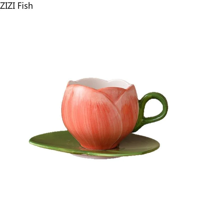 Tulip Flower Porcelain Cup & Saucer, Elegant Afternoon Tea Coffee Set