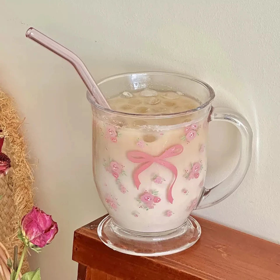 450ml Clear Glass Cup with Handle Bowknot Design for Coffee, Milk, Juice, Tea