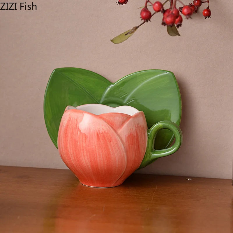 Tulip Flower Porcelain Cup & Saucer, Elegant Afternoon Tea Coffee Set